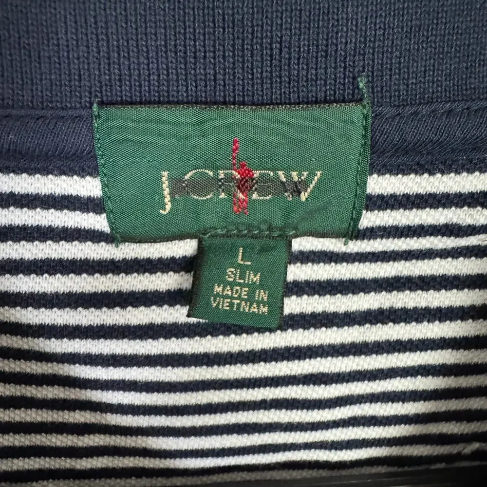 J.Crew Piqué Polo Shirt Mens L Navy White Striped Cotton Slim Fit Short Sleeve